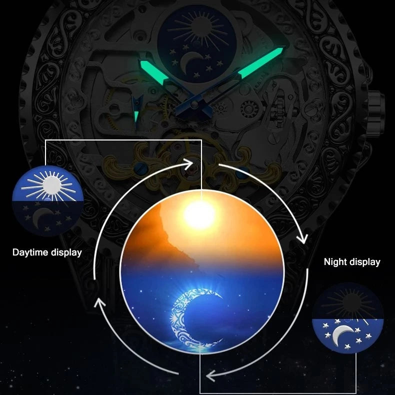 Hot Sale Vintage Engraved Skeleton Tourbillon Mechanical Men's Watches Luxury Moon Phase Clock Wholesale Watches