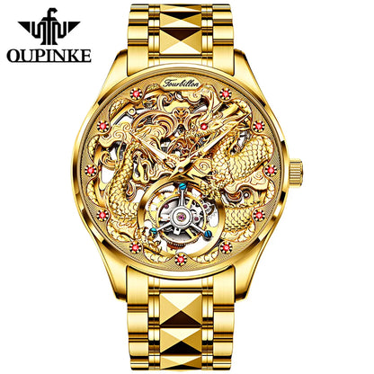 OUPINKE 3176 New Luxury Automatic Mesh Belt Mechanical Watches Waterproof Luminous Hollow Tourbillon Stainless Steel Strap Watch
