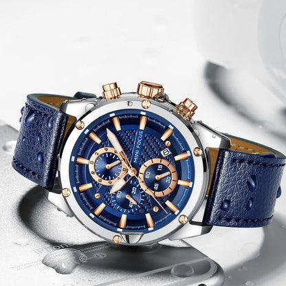 MINI FOCUS Quartz for Men Waterproof Sport Chronograph Wristwatch Blue Leather Strap Clock Fashion Mens Watches 0161G