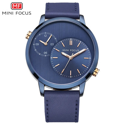 MINI FOCUS Fashion Genuine Leather Business 2 Time Zone Quartz-Watch Men Wristwatch Men Watches Fashion Casual Man Watch 0035G