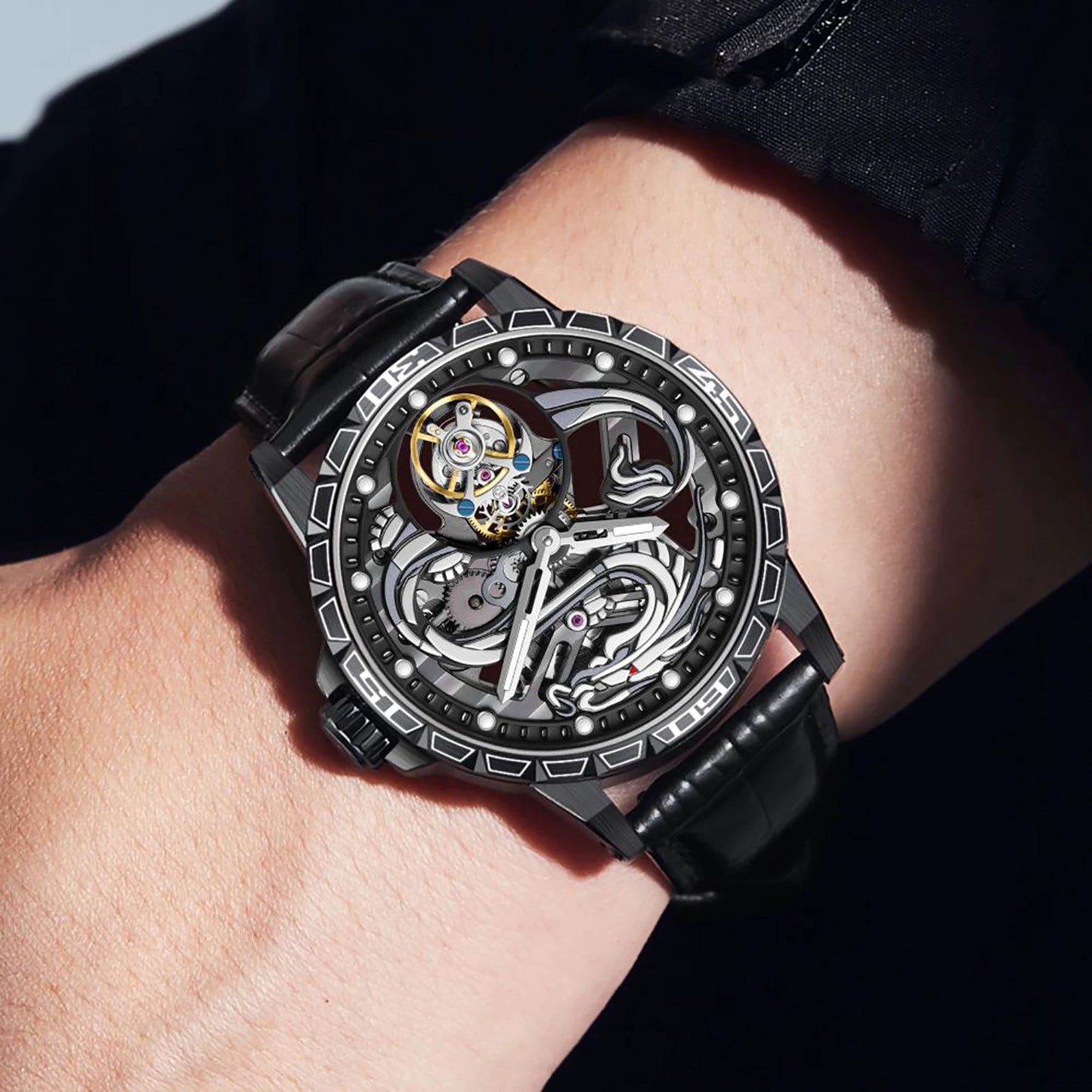 China Zodiac Dragon Flying Tourbillon Movement Manual-winding Watch Waterproof Men's Tourbillon Skeleton Mechanical Watches