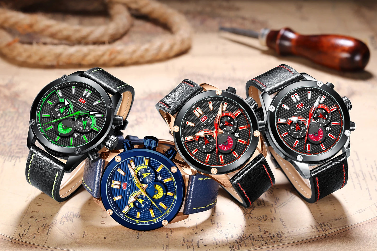 High End MINI FOCUS MF0288G Luxury Wrist Watches Leather Strap Waterproof Calendar Men Casual Quartz Watch Reloj Hombre