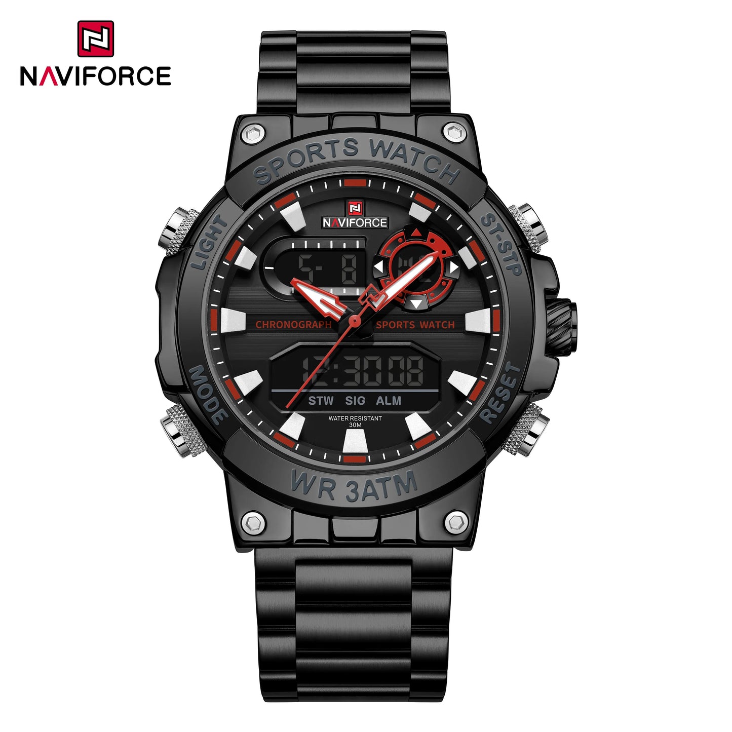 NAVIFROCE 9237 Stainless Steel Watch for Men Multi-funciton Double Display Chronograph Silver Blue Quartz Watches Waterproof