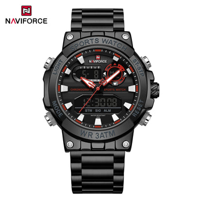 NAVIFROCE 9237 Stainless Steel Watch for Men Multi-funciton Double Display Chronograph Silver Blue Quartz Watches Waterproof