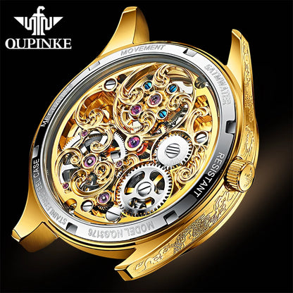 OUPINKE 3176 New Luxury Automatic Mesh Belt Mechanical Watches Waterproof Luminous Hollow Tourbillon Stainless Steel Strap Watch