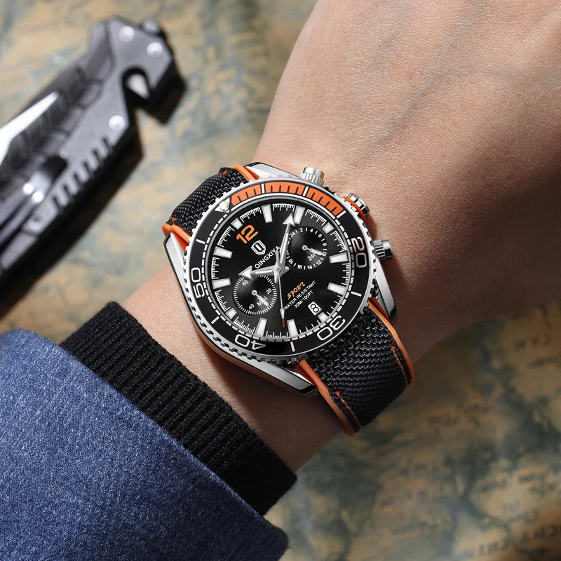 Sports Men Chronograph Watch The Bezel Rotatable Quartz Watches Mens  Fashion Silicone Strap Waterproof Luminous Calendar Clock