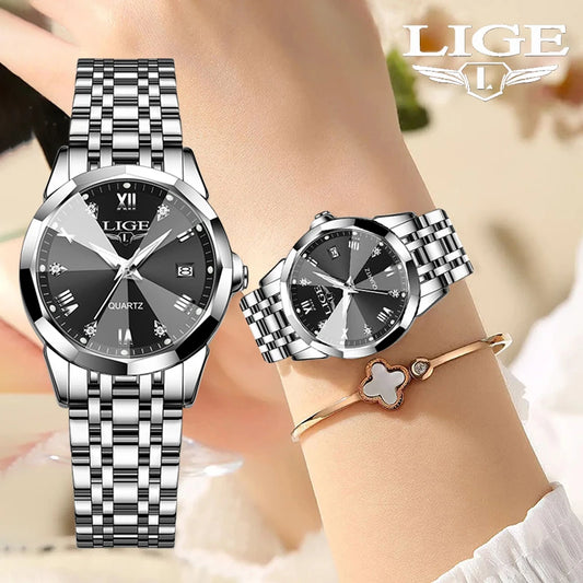 LIGE New Woman Watch Original Movement Calendar Quartz Watches Women Top Brand Fashion Luminous Stainless Steel Women's Watch
