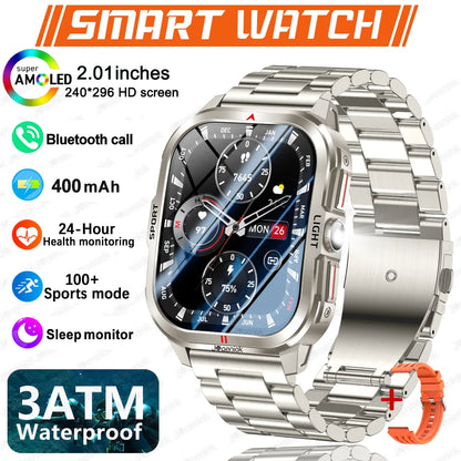 2025 New Smart Watch Men 2.01"HD Screen 3ATM Waterproof Flashlight Health Monitor 400mAh Battery Sport Bluetooth Call Smartwatch