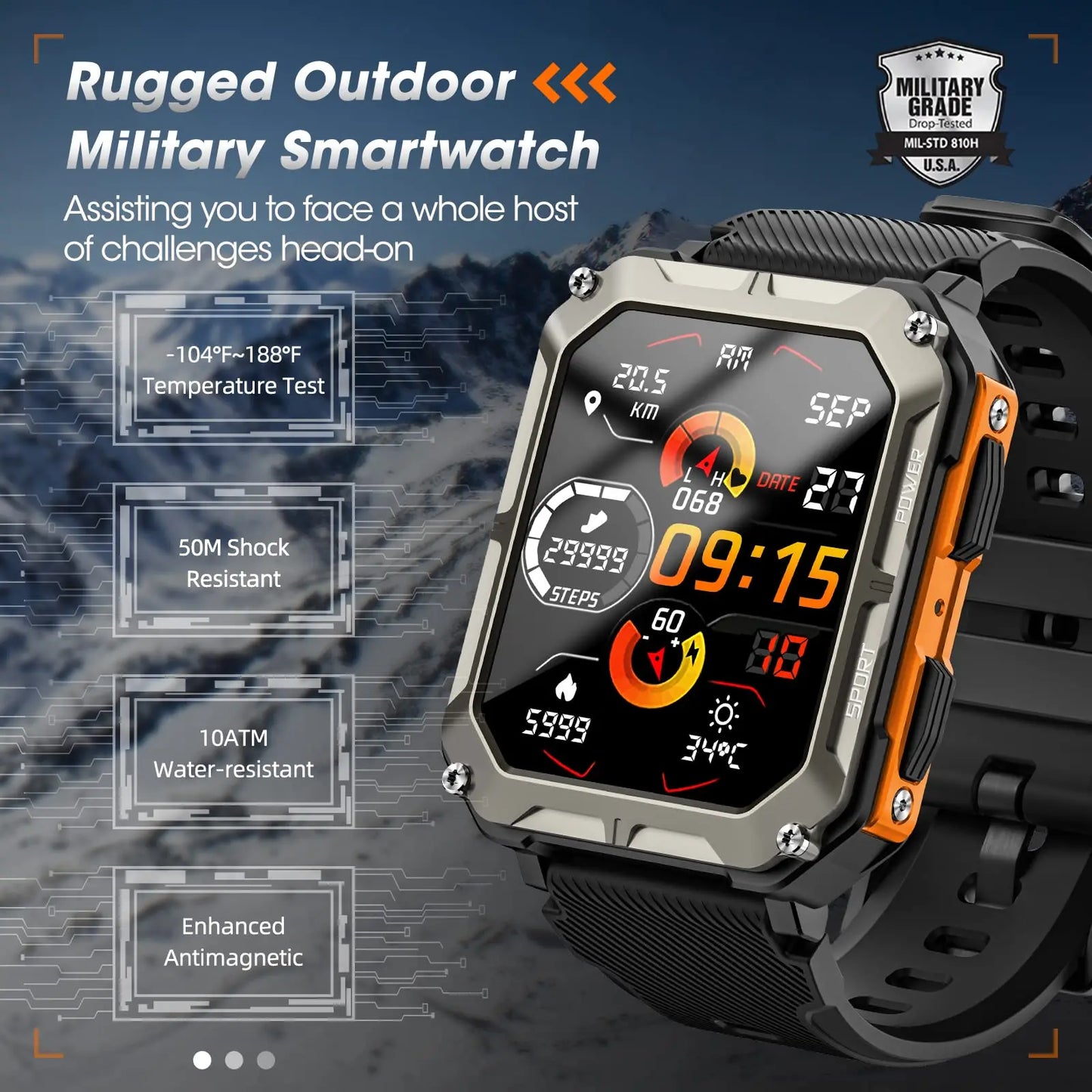 Smart Watch for Men with Blood Pressure,Tactical Smartwatch for Android and iPhone,Waterproof Outdoor Sports Fitness Tracker