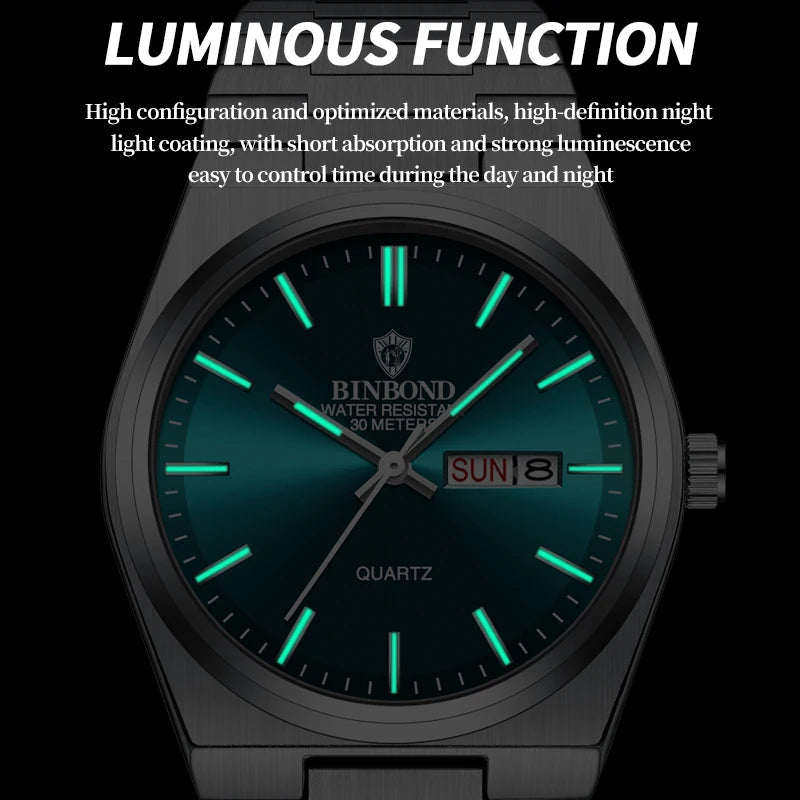 BINBOND Elegant Watches For Women Waterproof Luminous Date Week Ladies Watch Quartz Stainless Steel Woman's Fashion Wristwatch