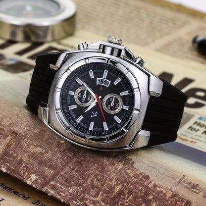 New silicone fashionable outdoor sports watch for men's three eye calendar multifunctional large dial quartz men's watch