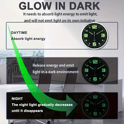 An 8-inch modern black digital hands glow-in-the dark plastic glass clock wall, silent clock, living room bedroom decor