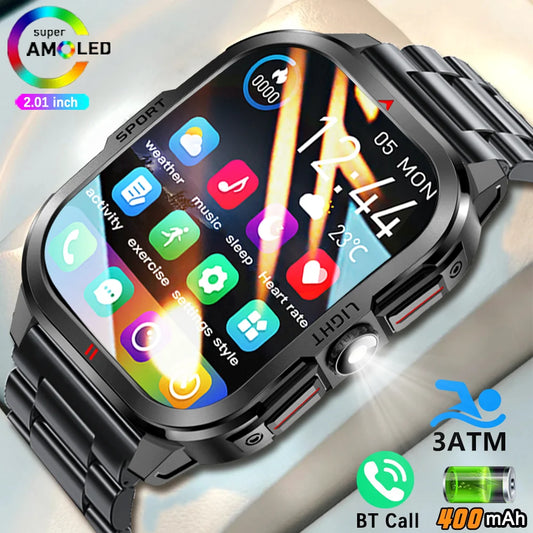 2025 New Smart Watch Men 2.01"HD Screen 3ATM Waterproof Flashlight Health Monitor 400mAh Battery Sport Bluetooth Call Smartwatch
