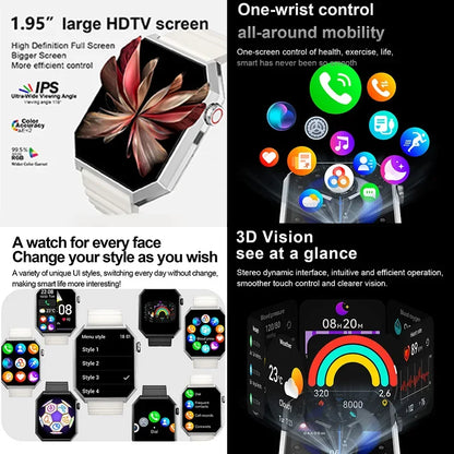 2025 New Smart Watch 1.95"HD Screen Health  Al Voice NFC Sports Mode  Altimeter  BT Call 3D Vision Deep Waterproof Smart Watch