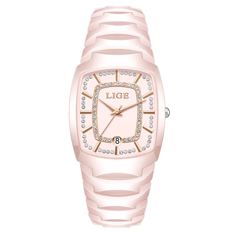 LIGE Elegant Luxury Watches for Woman Classic Fashion Casual Ceramic Strap Auto Date Waterproof Quartz Women's Watch Ladies Gift