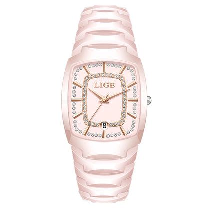 LIGE Elegant Luxury Watches for Woman Classic Fashion Casual Ceramic Strap Auto Date Waterproof Quartz Women's Watch Ladies Gift