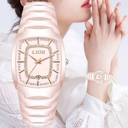 LIGE Elegant Luxury Watches for Woman Classic Fashion Casual Ceramic Strap Auto Date Waterproof Quartz Women's Watch Ladies Gift