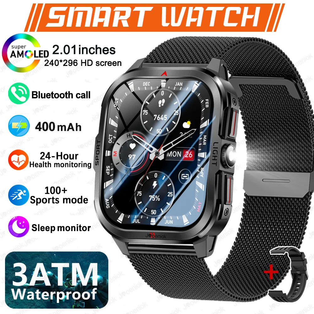 2025 New Smart Watch Men 2.01"HD Screen 3ATM Waterproof Flashlight Health Monitor 400mAh Battery Sport Bluetooth Call Smartwatch