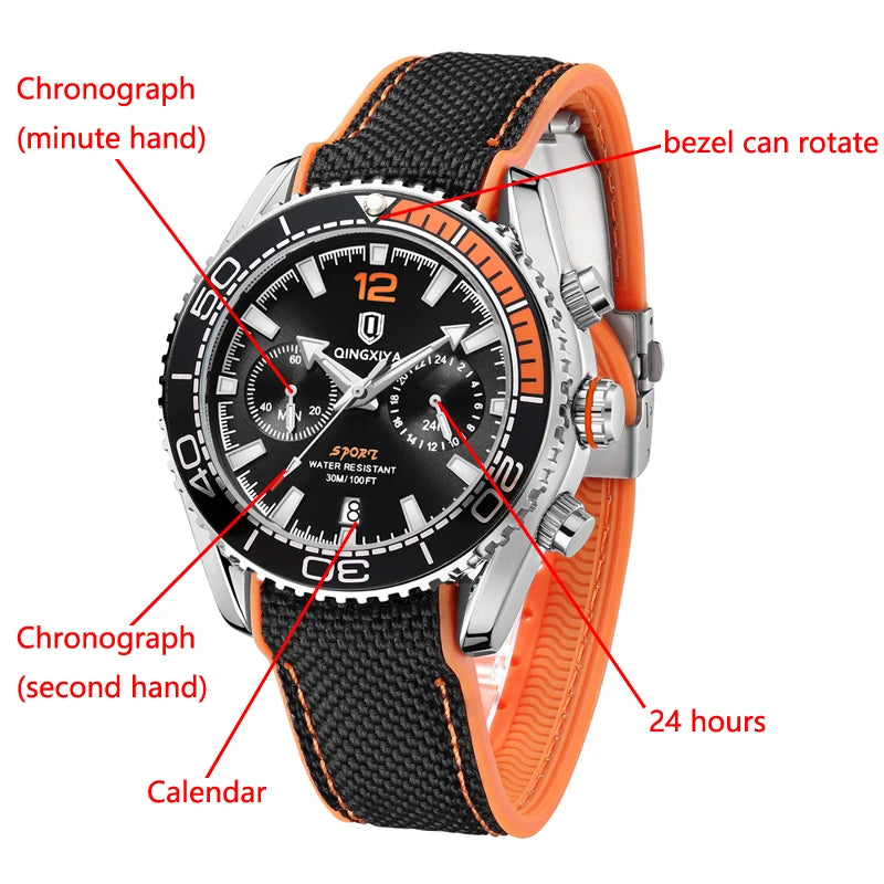 Sports Men Chronograph Watch The Bezel Rotatable Quartz Watches Mens  Fashion Silicone Strap Waterproof Luminous Calendar Clock