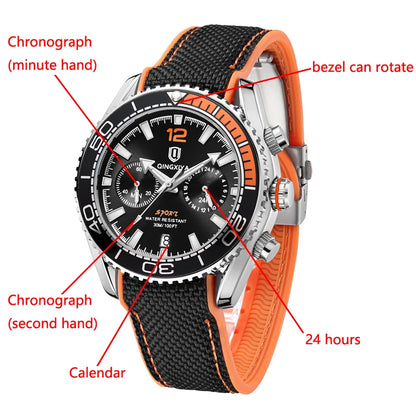Sports Men Chronograph Watch The Bezel Rotatable Quartz Watches Mens  Fashion Silicone Strap Waterproof Luminous Calendar Clock
