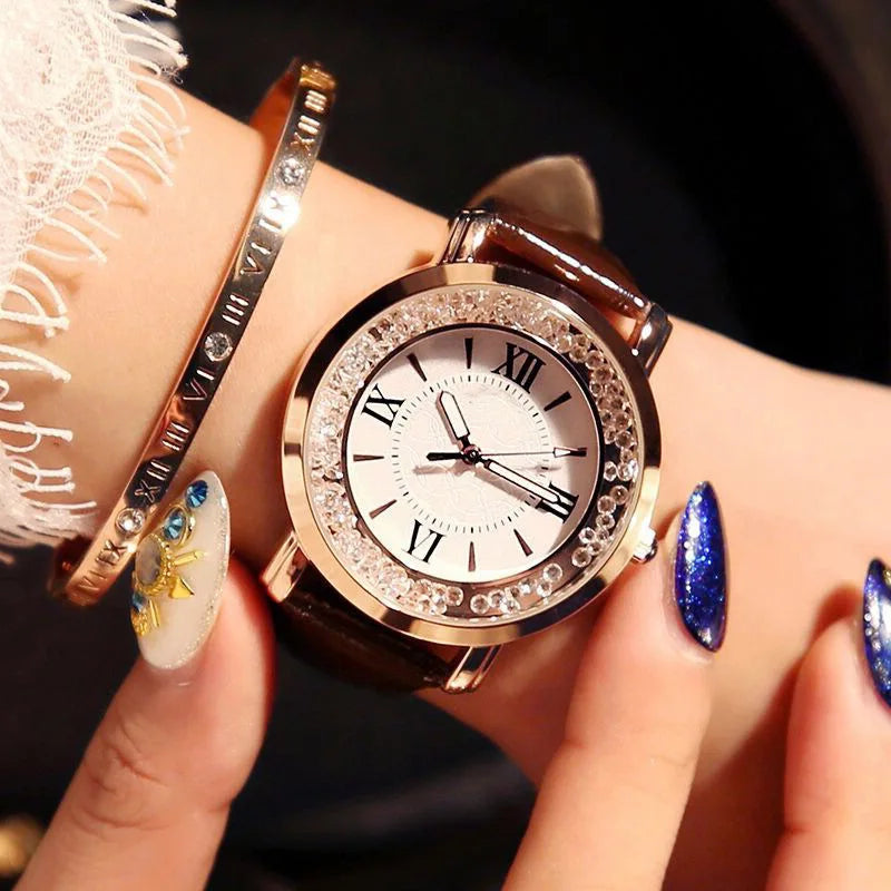 Woman Watch Simple Quartz Wrist Watches for Women Leather Strap Crystal Beads Round Dial Wristwatches Dress Clock Reloj Mujer