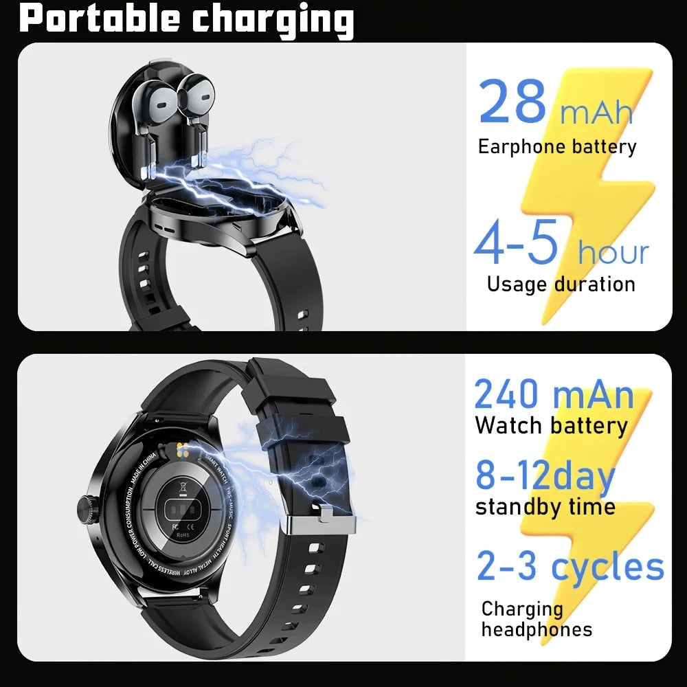 2025 New Smart Watch Earphones 2 in 1 1.46 Inch HD Touch Screen Wireless Call Camera Alarm Clock 100+ Sports Training Modes Gift