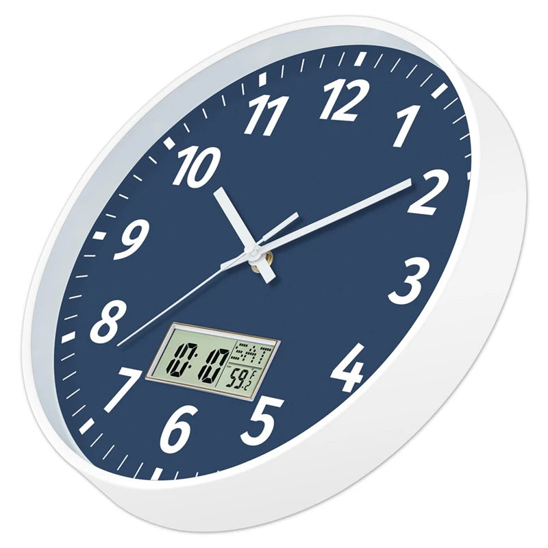 Digital Wall Clock With Time, Day Of Week And Temperature, Silent Non-Ticking Battery Operated Round Digital Wall Clock