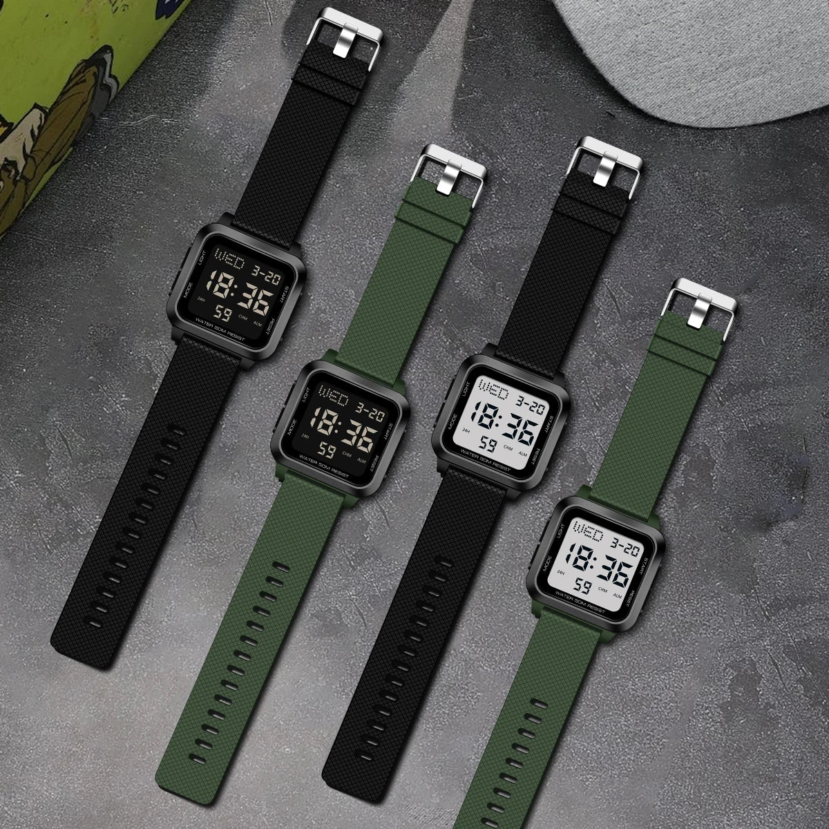 Men's sports watch, electronic waterproof LED digital watch, student alarm clock, countdown square electronic watch