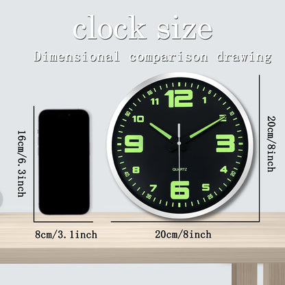 An 8-inch modern black digital hands glow-in-the dark plastic glass clock wall, silent clock, living room bedroom decor