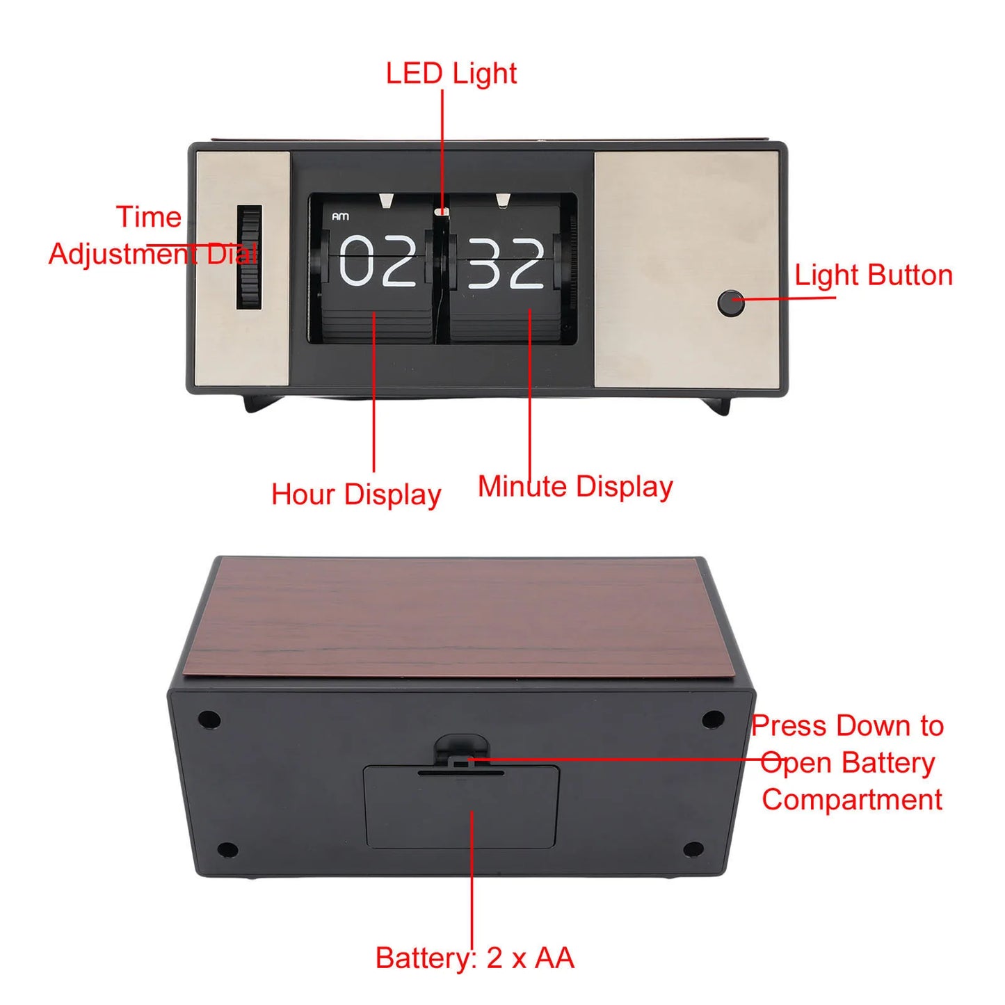 Desk Clock Anti Slip Quiet Sturdy 12 Hour Retro Digital Down Clock Easy To Read Battery Powered for Bedroom Office