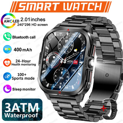 2025 New Smart Watch Men 2.01"HD Screen 3ATM Waterproof Flashlight Health Monitor 400mAh Battery Sport Bluetooth Call Smartwatch