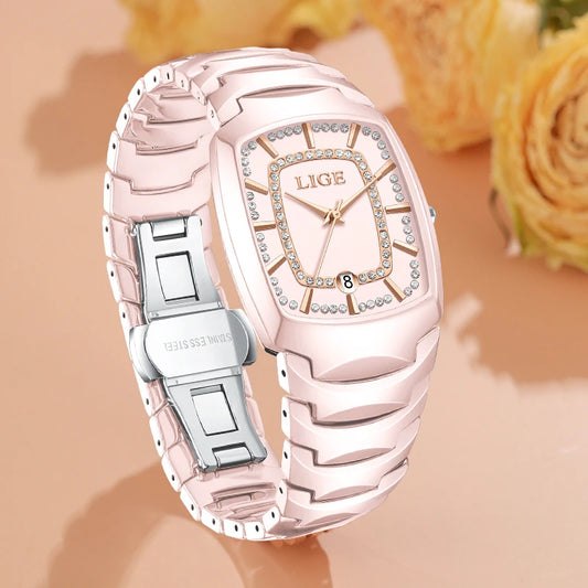 LIGE Elegant Luxury Watches for Woman Classic Fashion Casual Ceramic Strap Auto Date Waterproof Quartz Women's Watch Ladies Gift