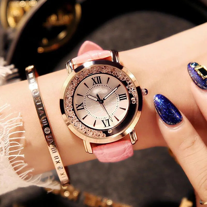 Woman Watch Simple Quartz Wrist Watches for Women Leather Strap Crystal Beads Round Dial Wristwatches Dress Clock Reloj Mujer
