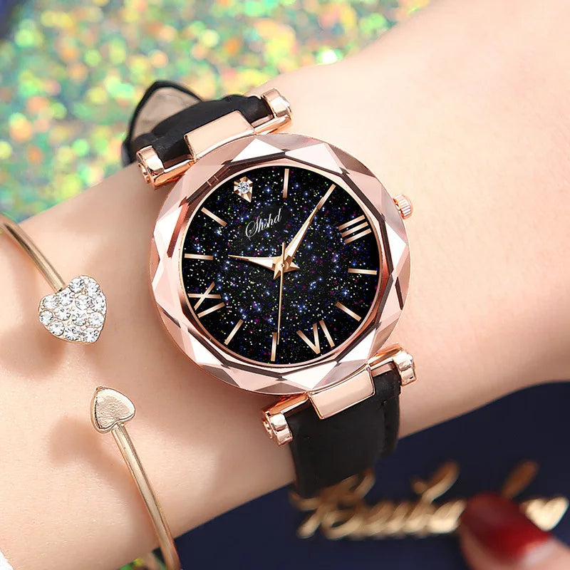 Woman Watch Simple Quartz Wrist Watches for Women Leather Strap Crystal Beads Round Dial Wristwatches Dress Clock Reloj Mujer