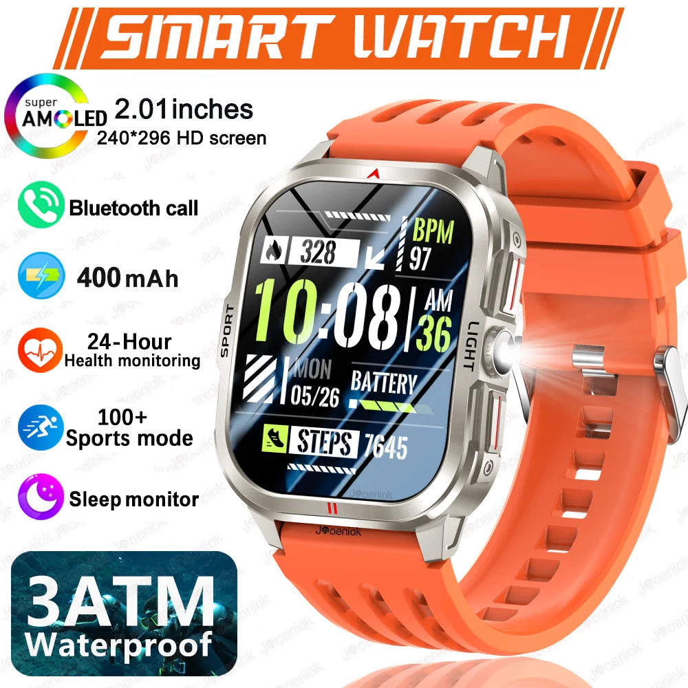 2025 New Smart Watch Men 2.01"HD Screen 3ATM Waterproof Flashlight Health Monitor 400mAh Battery Sport Bluetooth Call Smartwatch