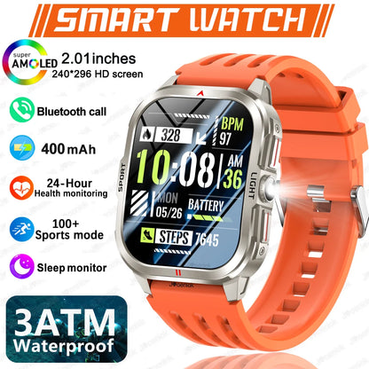 2025 New Smart Watch Men 2.01"HD Screen 3ATM Waterproof Flashlight Health Monitor 400mAh Battery Sport Bluetooth Call Smartwatch