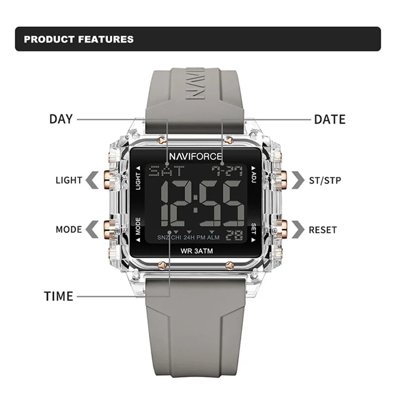 NAVIFORCE Watches for Woman Casual Waterproof Day and Date Dispay Silicone Strap Ladies Wristwatch LCD Digital Electronic Clocks