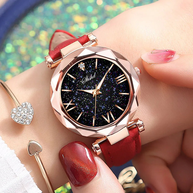 Woman Watch Simple Quartz Wrist Watches for Women Leather Strap Crystal Beads Round Dial Wristwatches Dress Clock Reloj Mujer