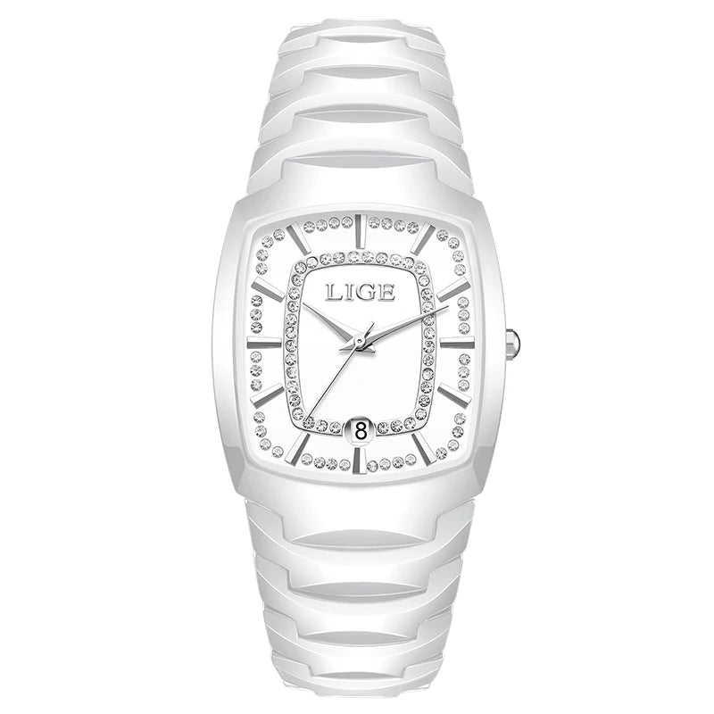 LIGE Elegant Luxury Watches for Woman Classic Fashion Casual Ceramic Strap Auto Date Waterproof Quartz Women's Watch Ladies Gift