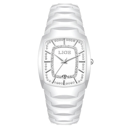 LIGE Elegant Luxury Watches for Woman Classic Fashion Casual Ceramic Strap Auto Date Waterproof Quartz Women's Watch Ladies Gift