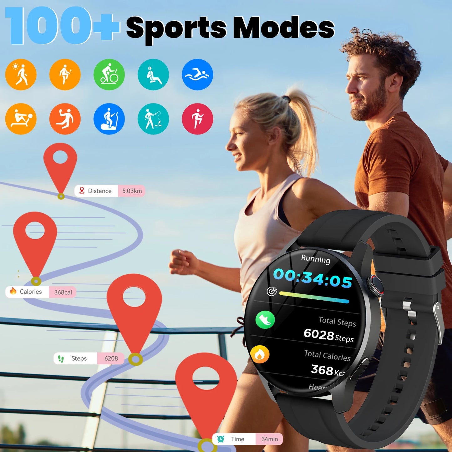 Smartwatch for men and women, wireless calling, 100+ sports modes, fitness tracker, heart rate monitoring, holiday gift