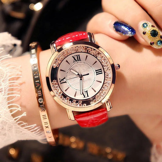 Woman Watch Simple Quartz Wrist Watches for Women Leather Strap Crystal Beads Round Dial Wristwatches Dress Clock Reloj Mujer