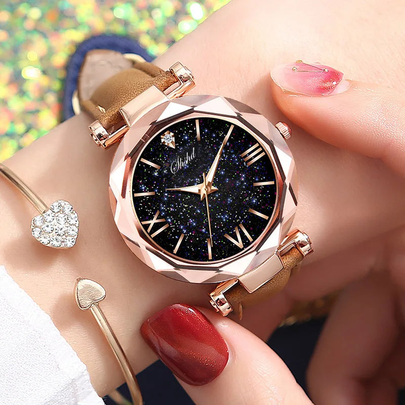 Woman Watch Simple Quartz Wrist Watches for Women Leather Strap Crystal Beads Round Dial Wristwatches Dress Clock Reloj Mujer