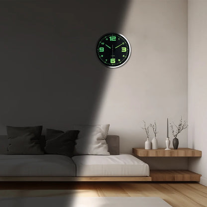 An 8-inch modern black digital hands glow-in-the dark plastic glass clock wall, silent clock, living room bedroom decor