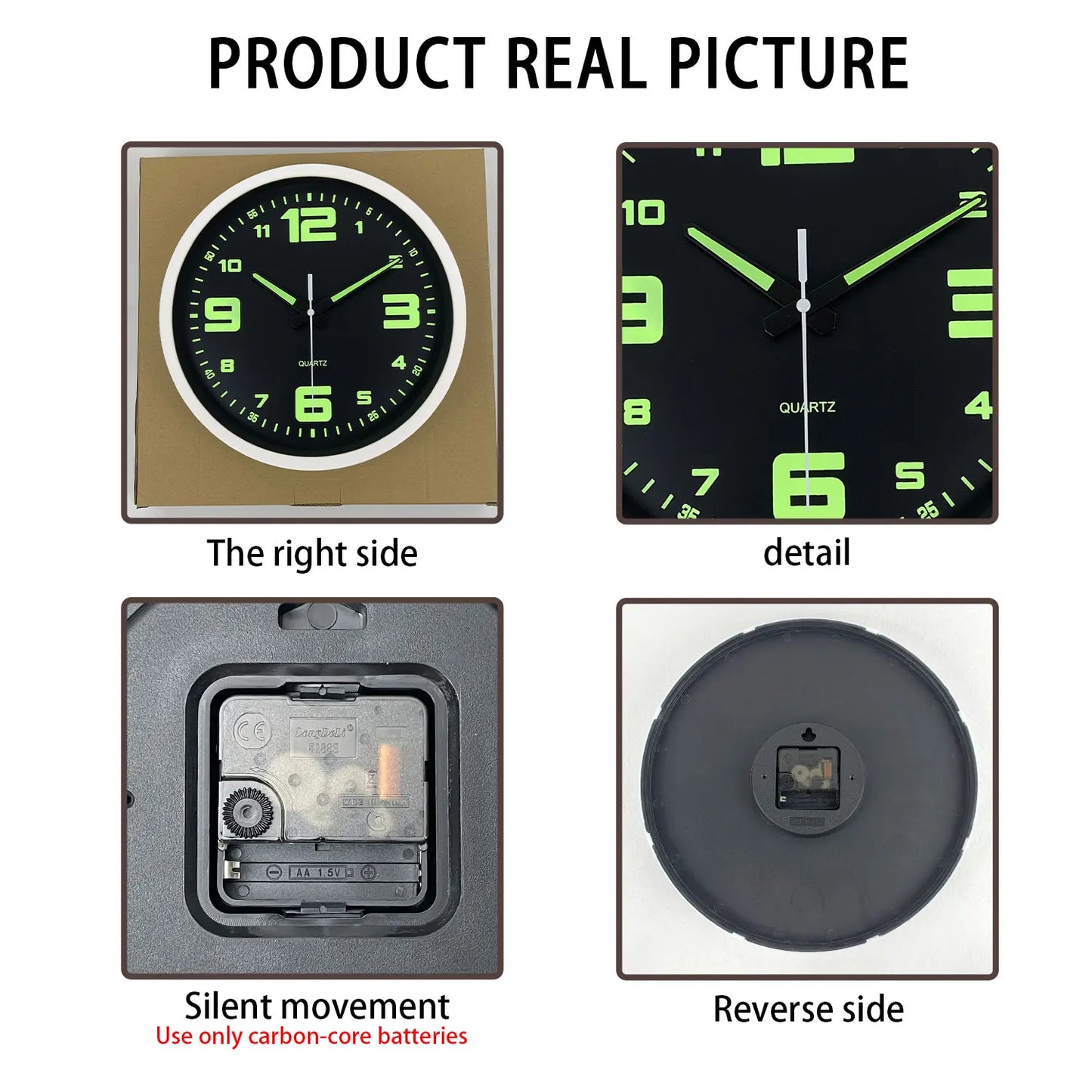 An 8-inch modern black digital hands glow-in-the dark plastic glass clock wall, silent clock, living room bedroom decor