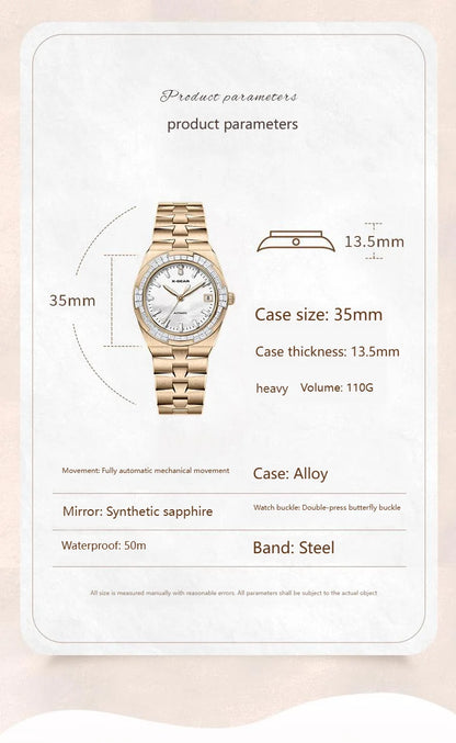 Luxury automatic mechanical watch for women; waterproof, elegant and fashionable round watch as a gift for girlfriend.