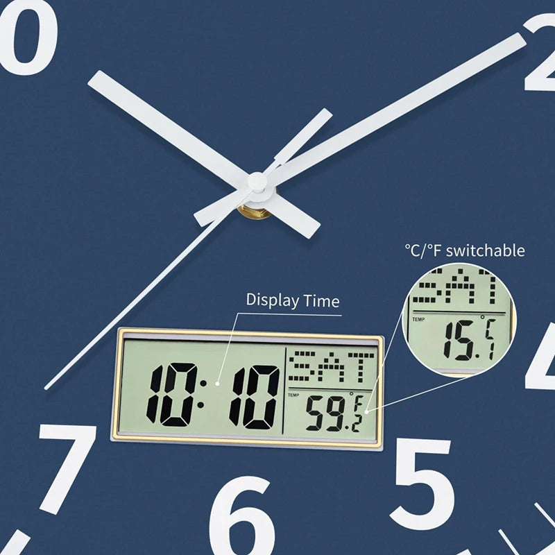 Digital Wall Clock With Time, Day Of Week And Temperature, Silent Non-Ticking Battery Operated Round Digital Wall Clock