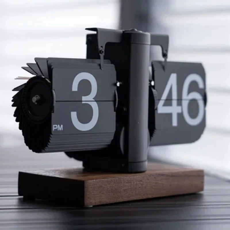 Automatic Page Turning Table Clock Creative Digital Desk Clocks Art Watches Aesthetic Living Room Decoration Solid Wood Base