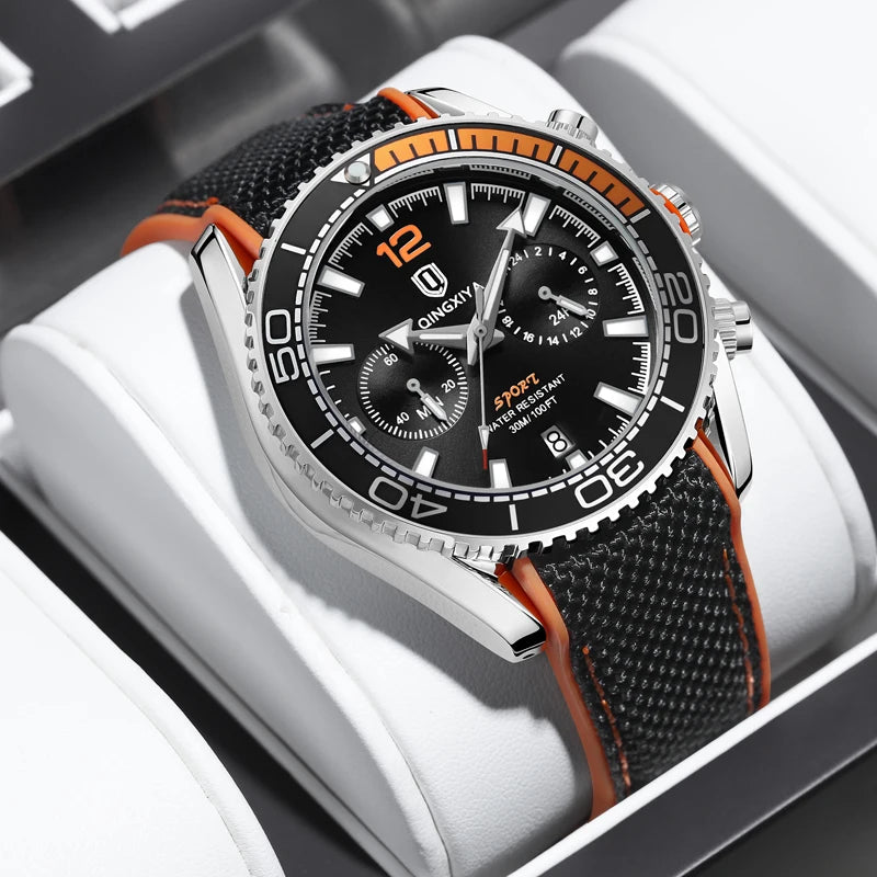 Sports Men Chronograph Watch The Bezel Rotatable Quartz Watches Mens  Fashion Silicone Strap Waterproof Luminous Calendar Clock