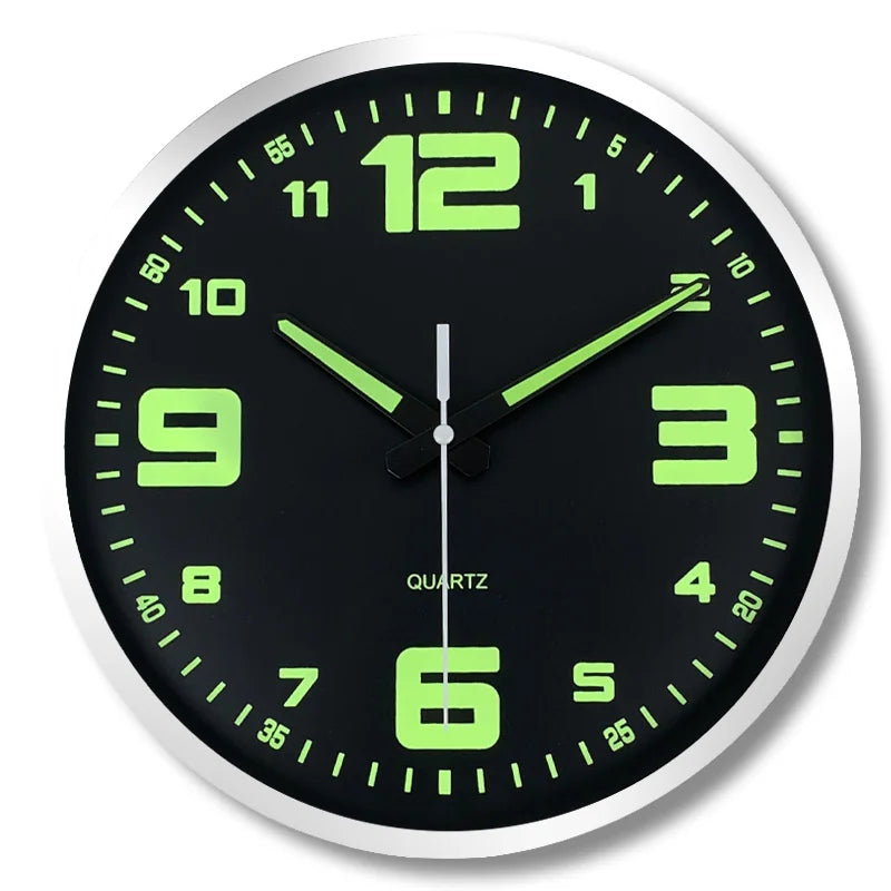 An 8-inch modern black digital hands glow-in-the dark plastic glass clock wall, silent clock, living room bedroom decor